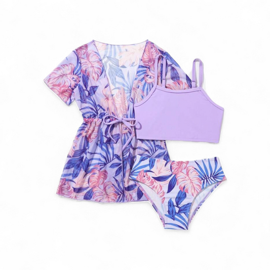 Purple tropical 3pc girls swimsuit