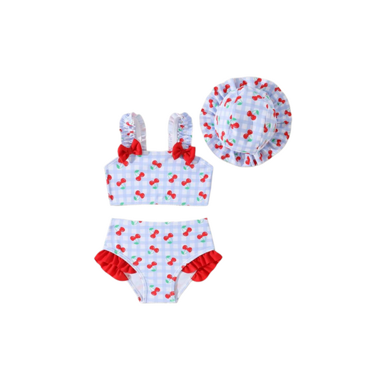 Red cherry baby girl swimsuit with hat