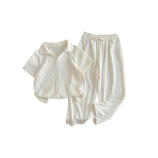 White beach shirt & long pants boy set