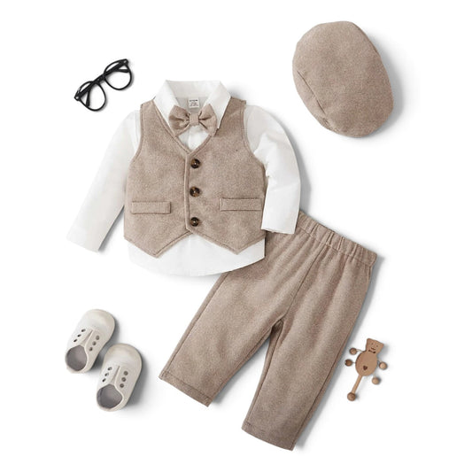Baby boy  4pc browm formal wear  includes vest , pants, hat & bow tie