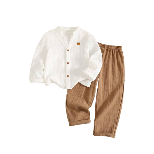 White long sleeve with long khaki pants boys 2pc beach set