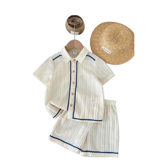 Blue linen beige button down boys 2pc beach set