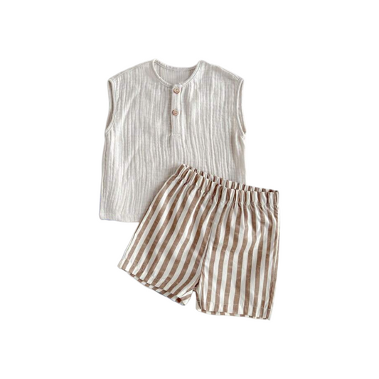 Baby 2pc brown stripe pants with beige linen top