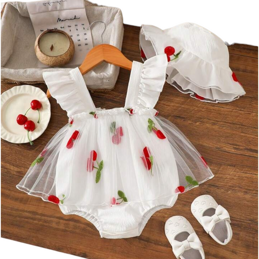 Cherry romper set with hat baby set