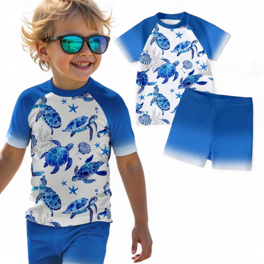 Blue & white turtle boy swimsuit 2pc set
