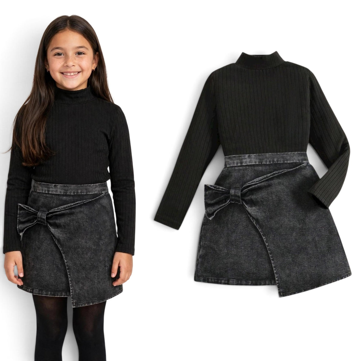 Pre teen black denim skirt with black long sleeve girls set 2k5