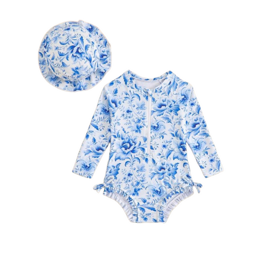 Blue & white floral print baby girl swimsuit