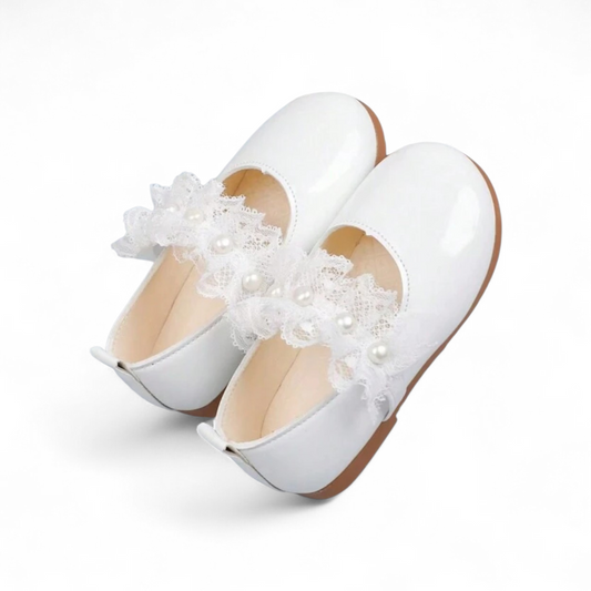 Toddler girls white shoes with lace & pearls