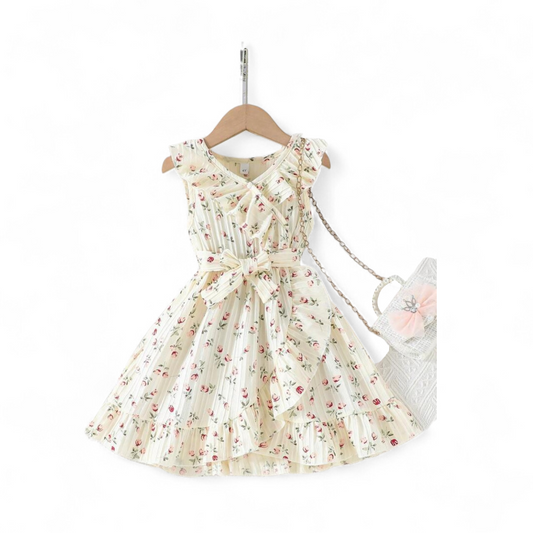 Beige flower print girls dress