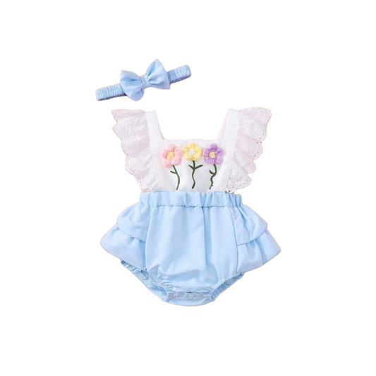 Blue & white romper with floral print &headband