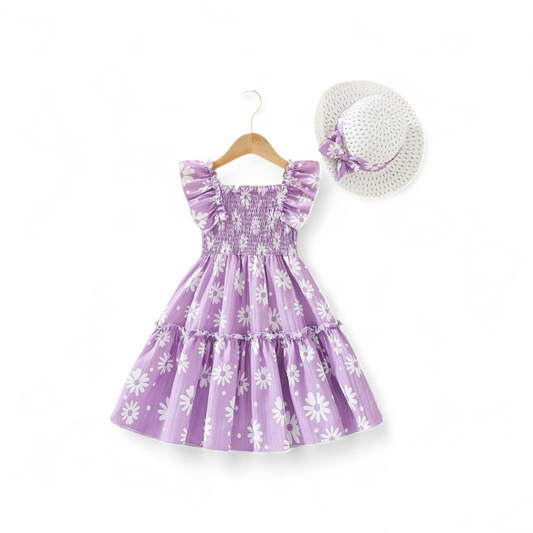 Purple floral dress with hat spring girl dress