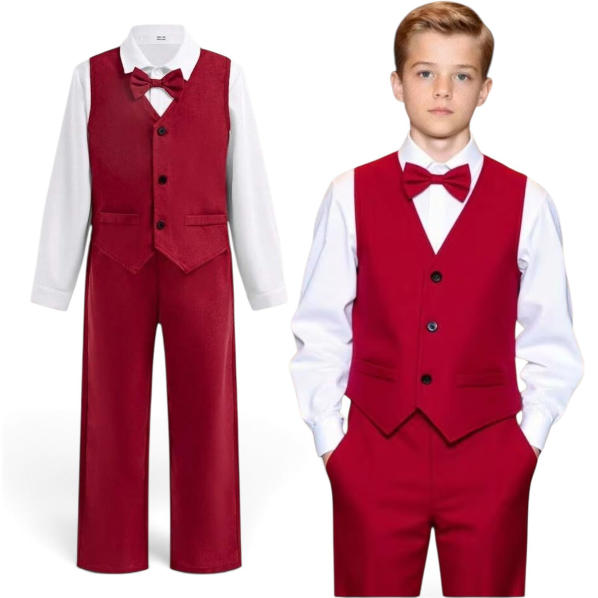 Boys red 3pc set includes a shirt with an attached bow tie ,vest &  pants set