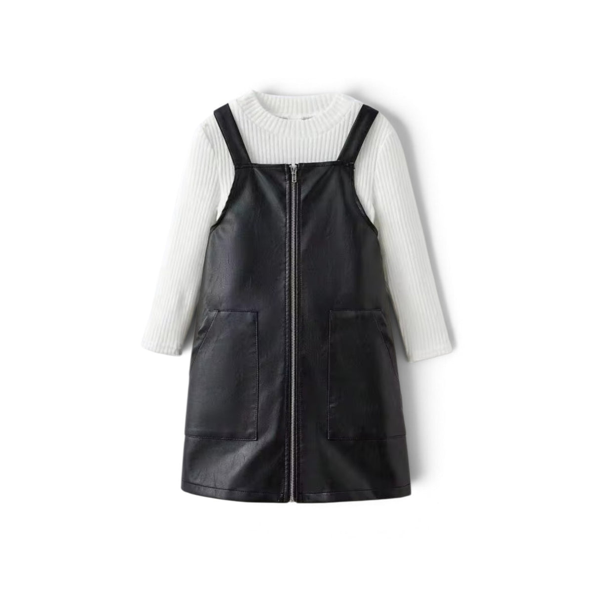 Black leather overalls with white long-sleeved shirt 2pc girks set 2k6