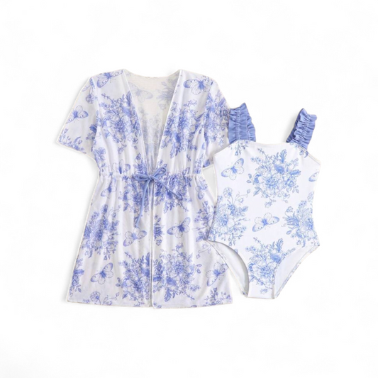 Blue floral 2pc girls swimsuit set