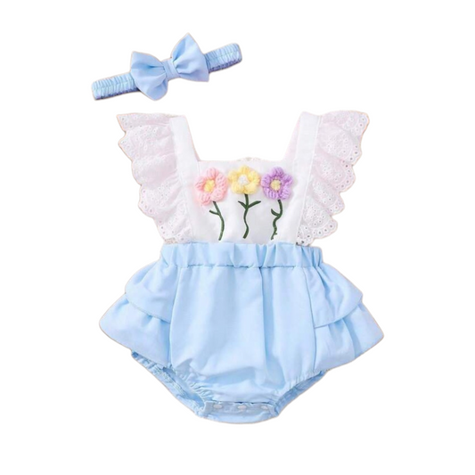 Blue & white  floral baby romper set