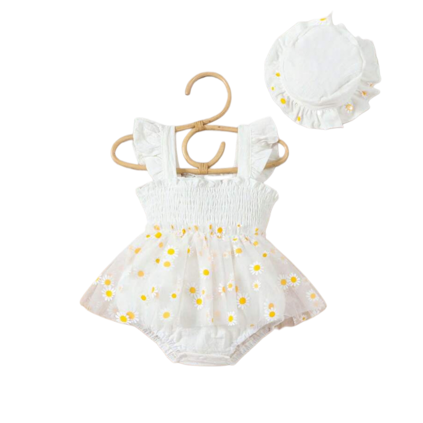 White sunflower baby girl romper with hat