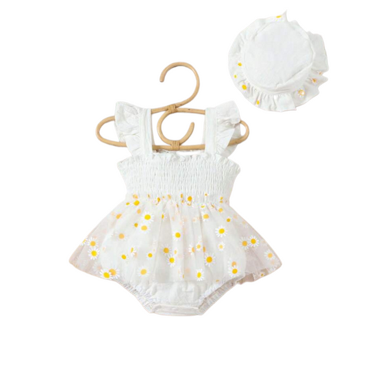 White sunflower baby girl romper with hat