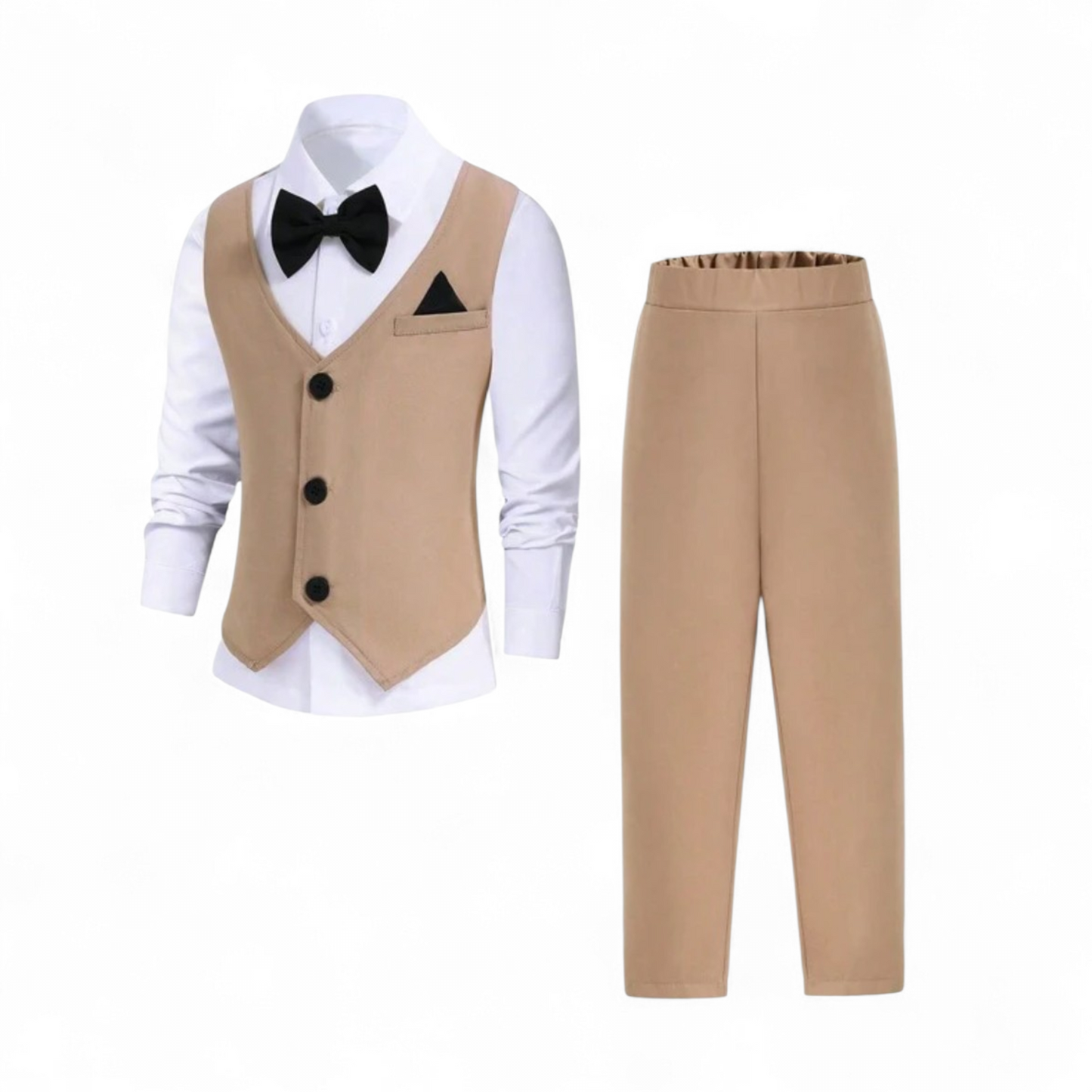 Khaki vest with extended white long-sleeved shirt & khaki long pants boys formal set