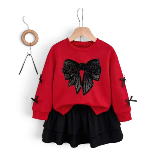Red Sweater & black skirt girls set