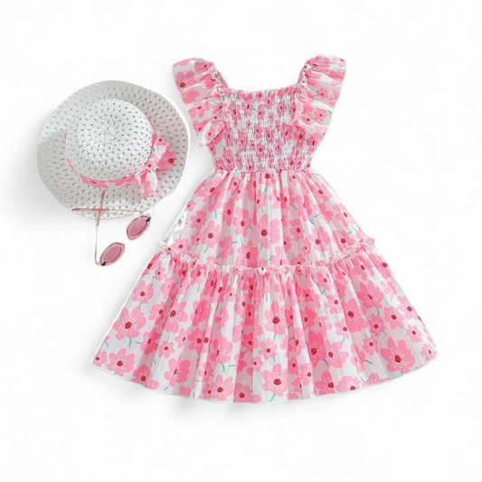 Pink & white floral dress with hat spring set