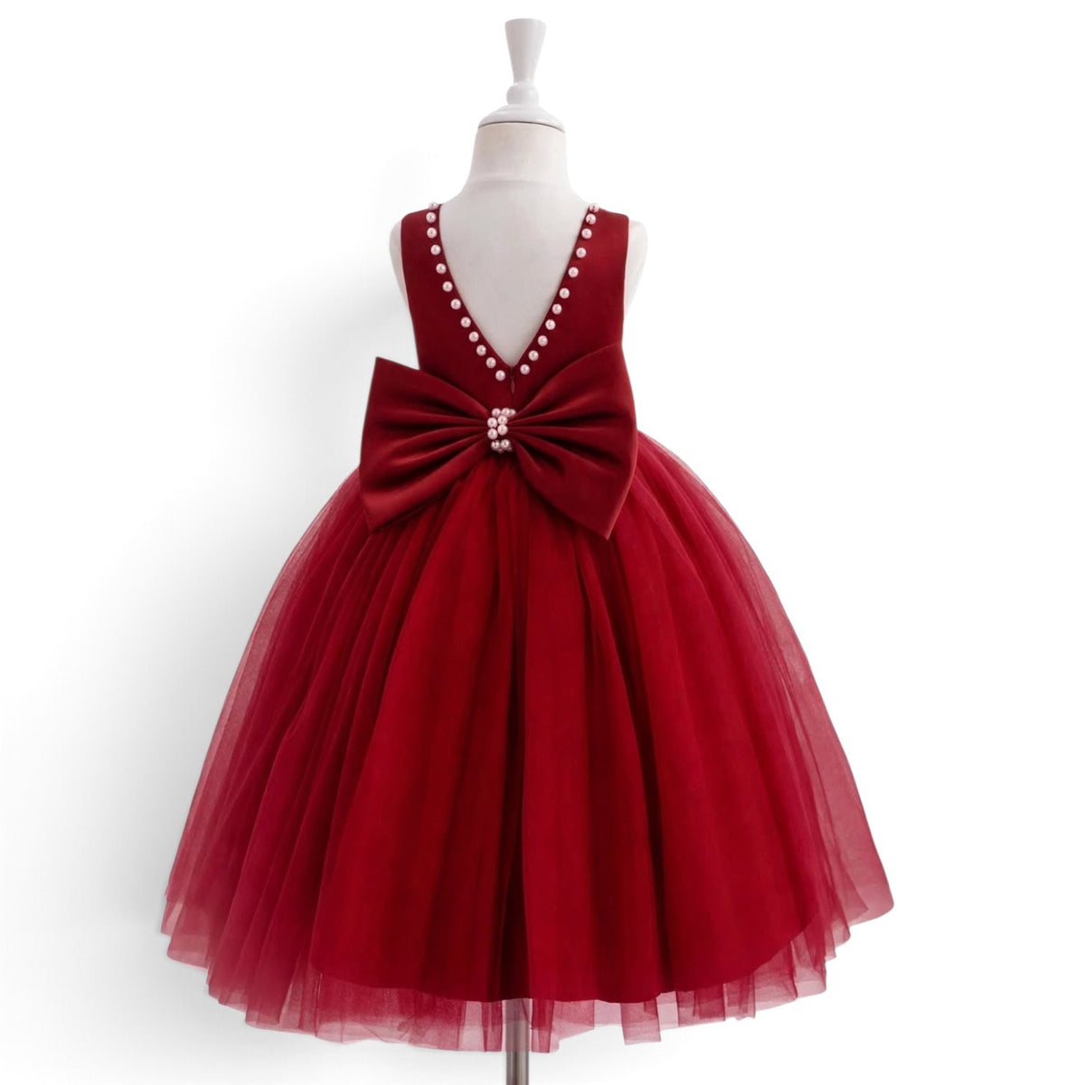 Burgundy girls dress with pearls