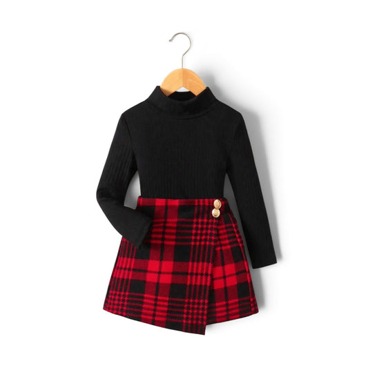 Girls red & black plaid skirt pants with long-sleeved black blouse 2pc girls set 2k6