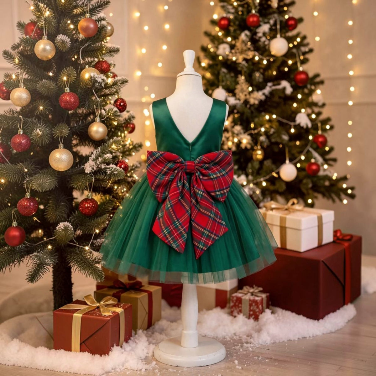 Baby girl green dress with red plaid bow at the back 2k6