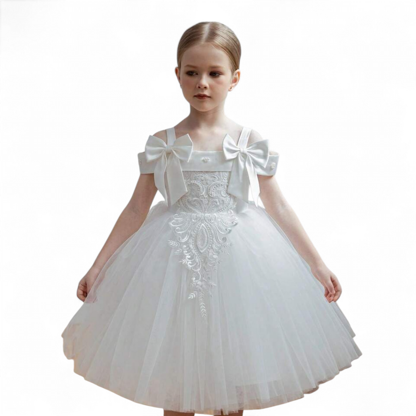 White tulle dress with bows on shoulder girls dress