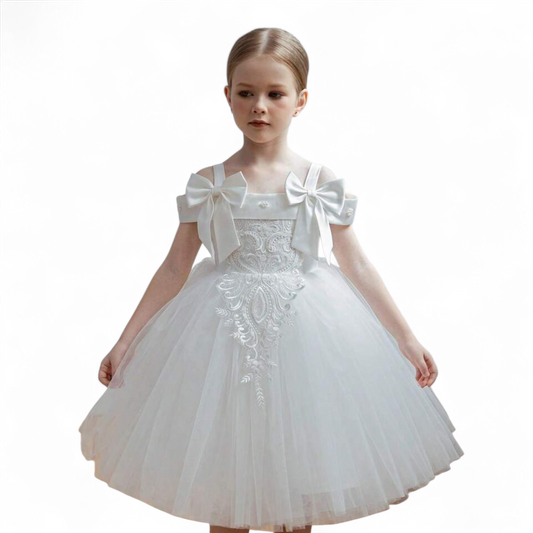 White tulle dress with bows on shoulder girls dress
