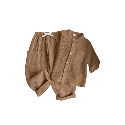 Brown cotton boys button down with cargo pants beach set