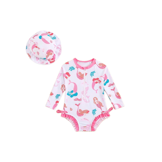 Pink Mermaid baby girl swimsuit set including hat