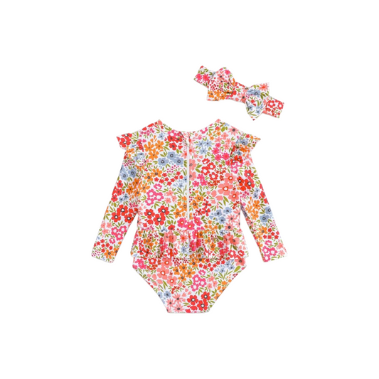 Baby Girls multicolor floral swimsuit with headband
