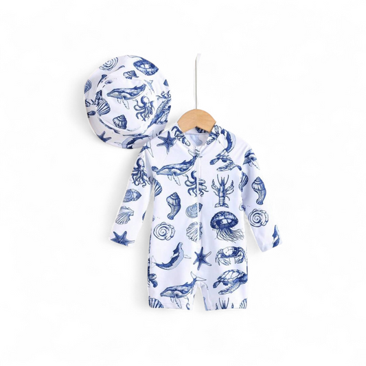 Blue & white whales & seashell baby boy swimsuit  3pc set