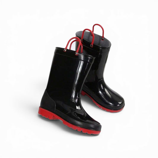 Black and red rain boots