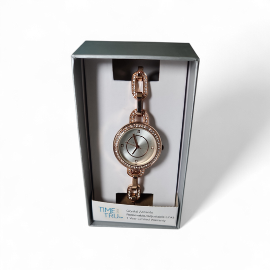Time & tru crystal accents round frame female rose gold watch