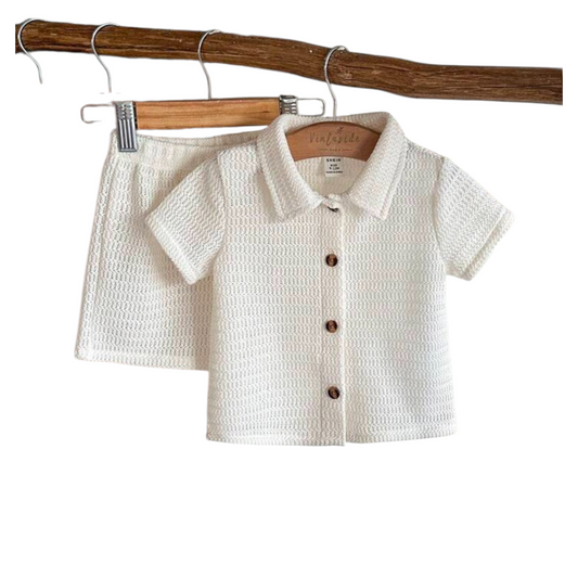 2pc beach beige button down  baby boys set