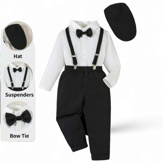 Black & white suspender boys formal set hat included