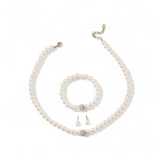 Girl pearl and silver rhinestone necklace set