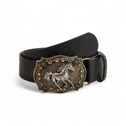 Cowboy belt with horse buckle black