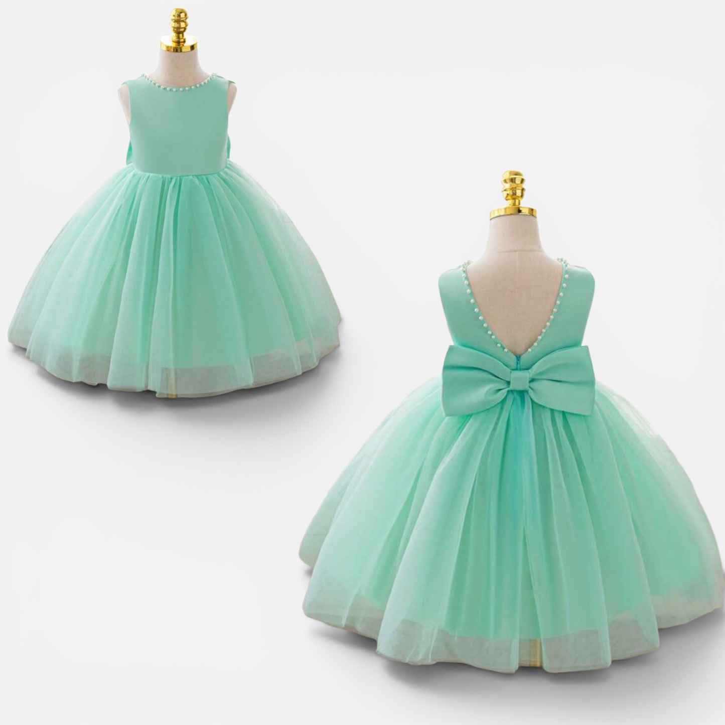 Green with mini peal and bow at the back girls formal dress