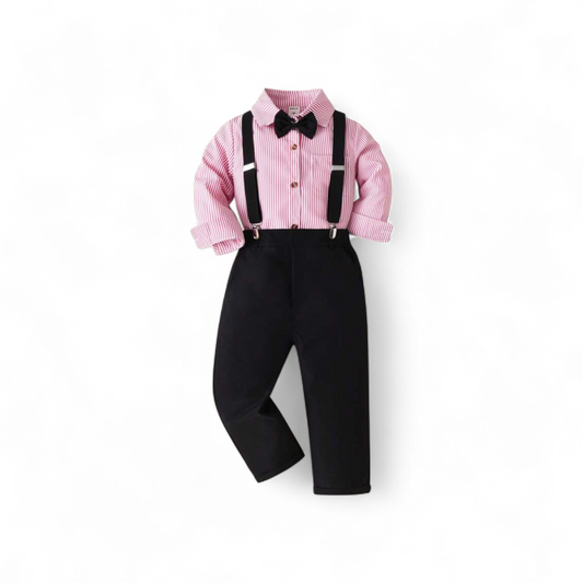 Pink &white stripe with black long pants suspender boys formal set