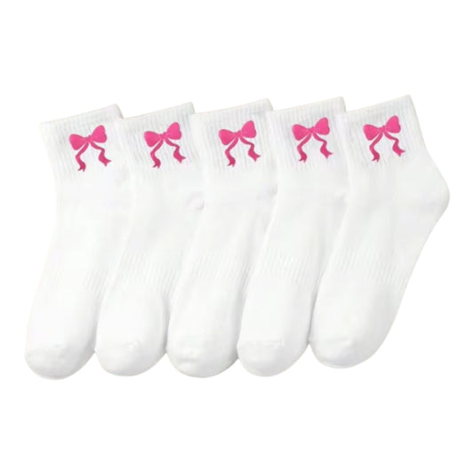 Pink bow print white socks girls