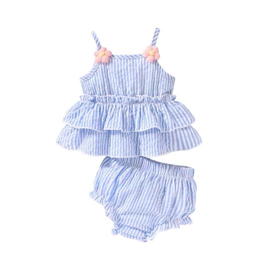 Blue & white stripe with pink flowers baby girl 2pc set