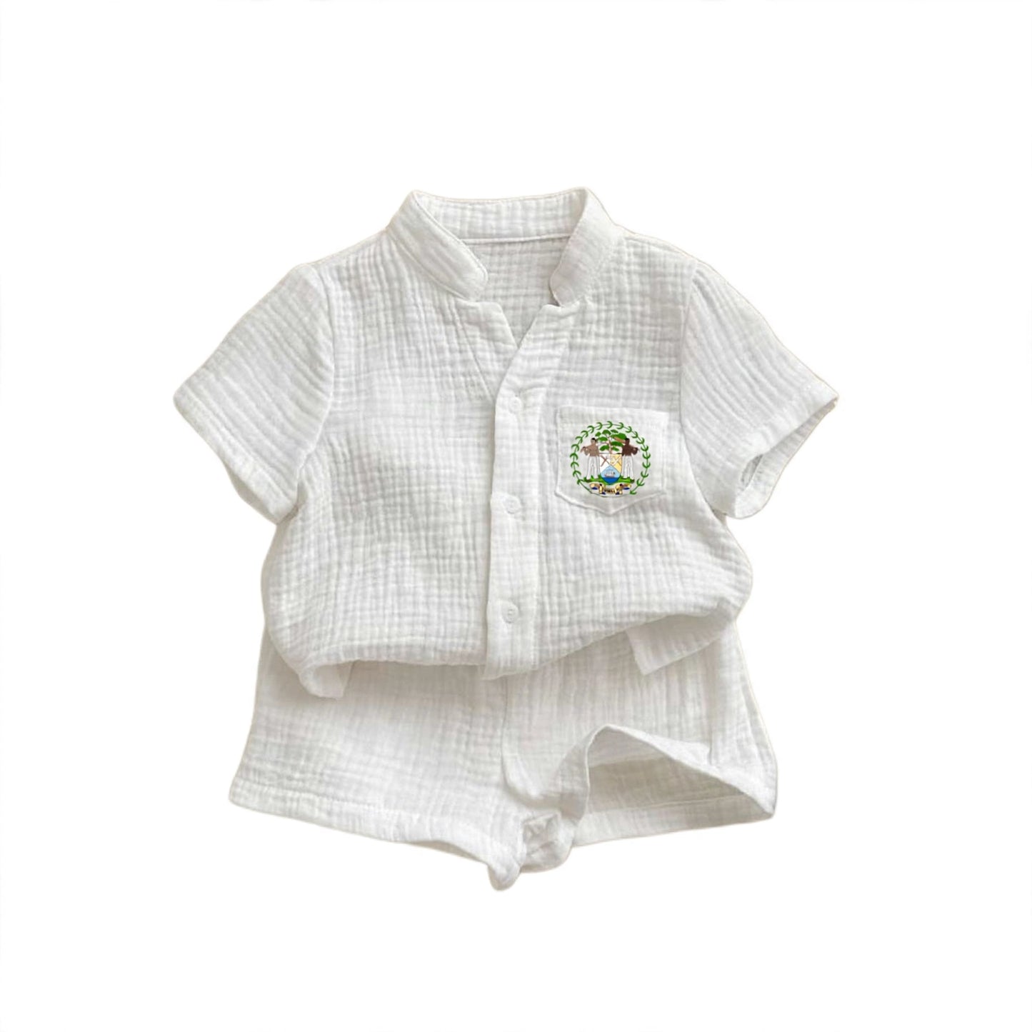 Baby linen  white belizean emblem 2pc set