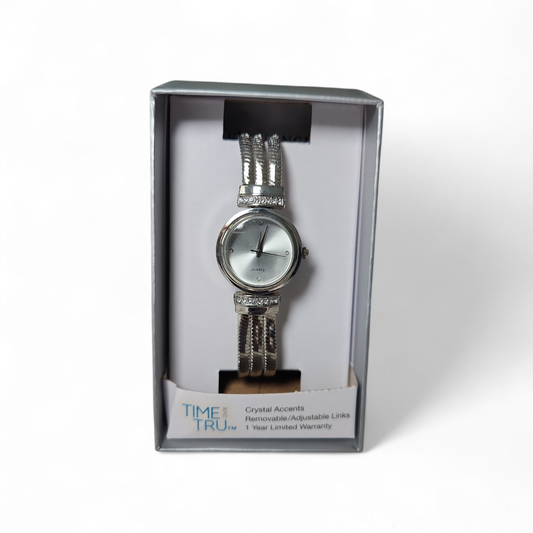 Time & tru crystal accents round frame female silver watch