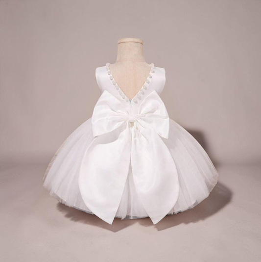 White pearl with bow baby girl formal dress