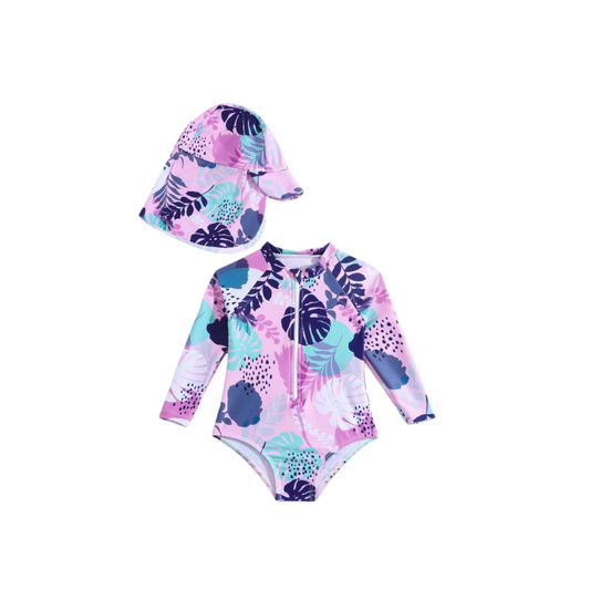 Baby girl purple 2pc swimsuit including hat
