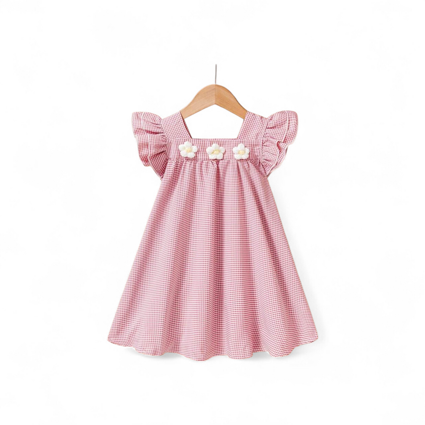 Babydoll red & white plaid with white flowers girls spring  dress