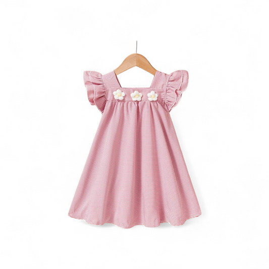 Babydoll red & white plaid with white flowers girls spring  dress