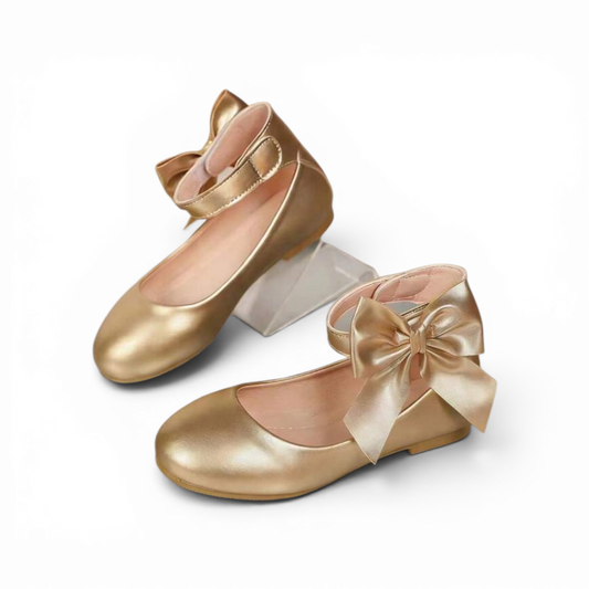 Gold bow strap girls formal shoes